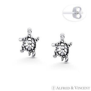Sea Turtle Animal Charm Stud Earrings in Oxidized .925 Sterling Silver